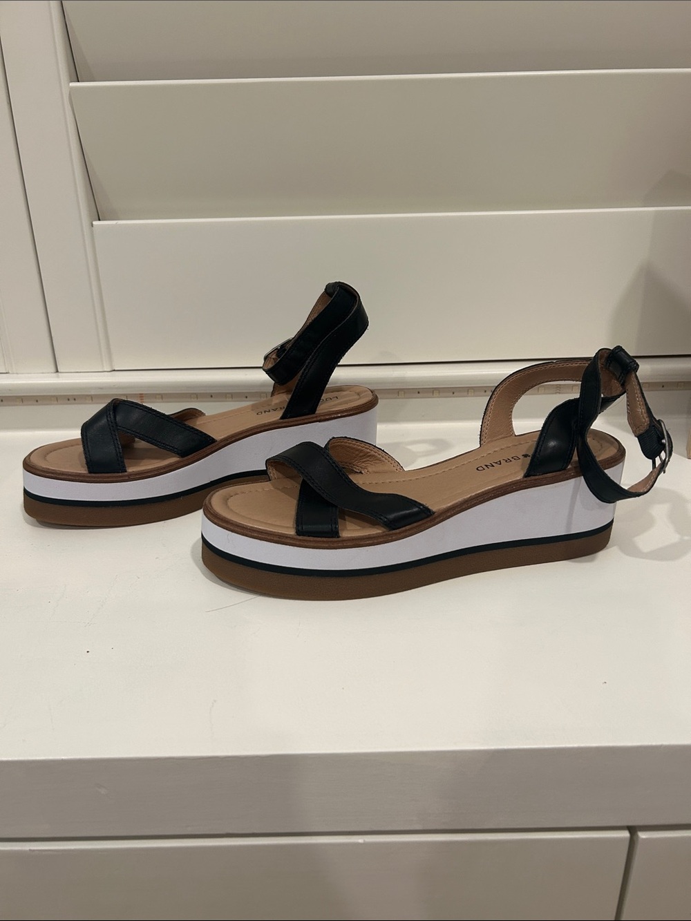 Lucky Brand Black and White Platform Sandals with Ankle Strap